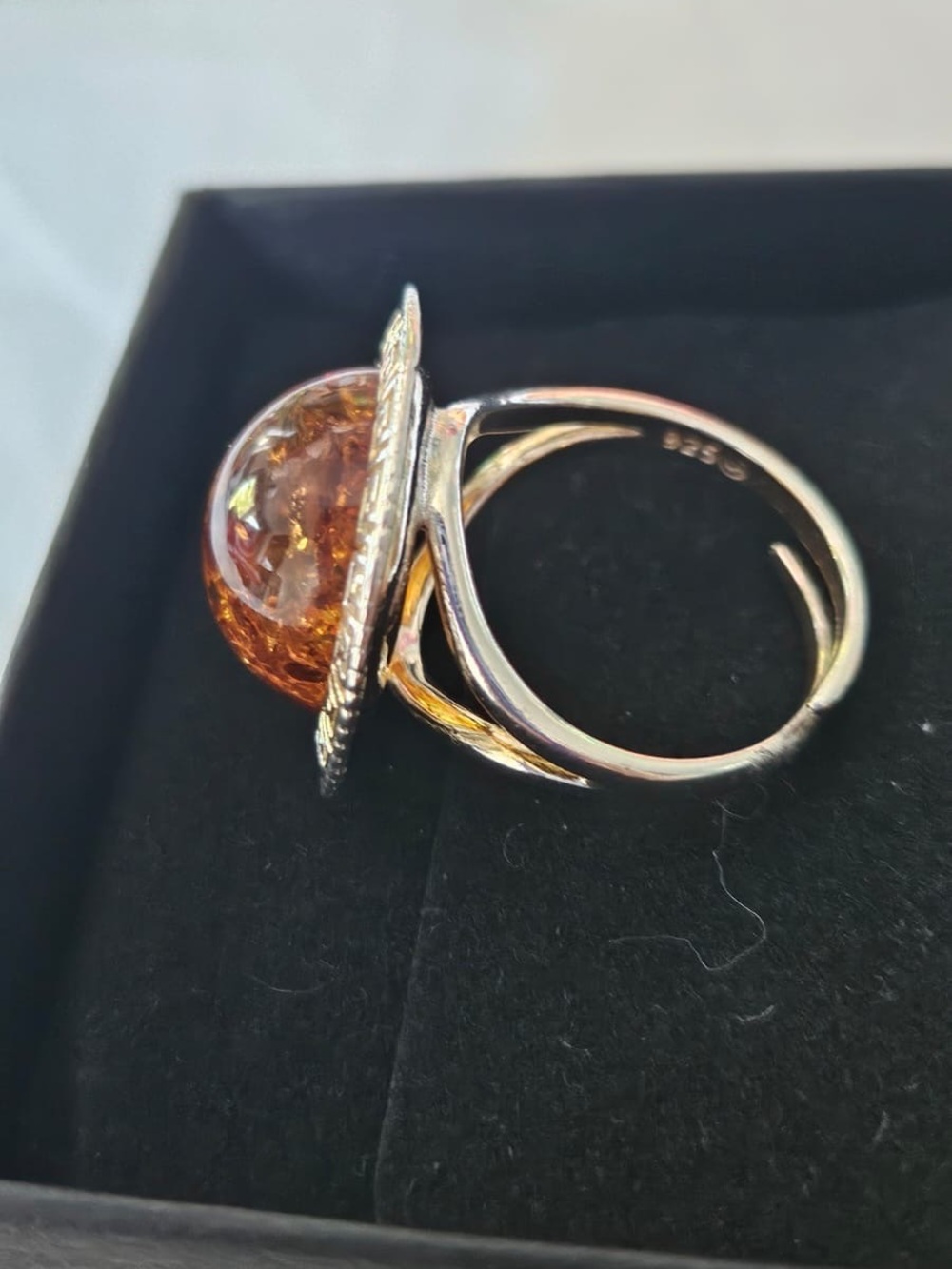 Sterling Silver 925 Amber Dome Cocktail Ring - Amber